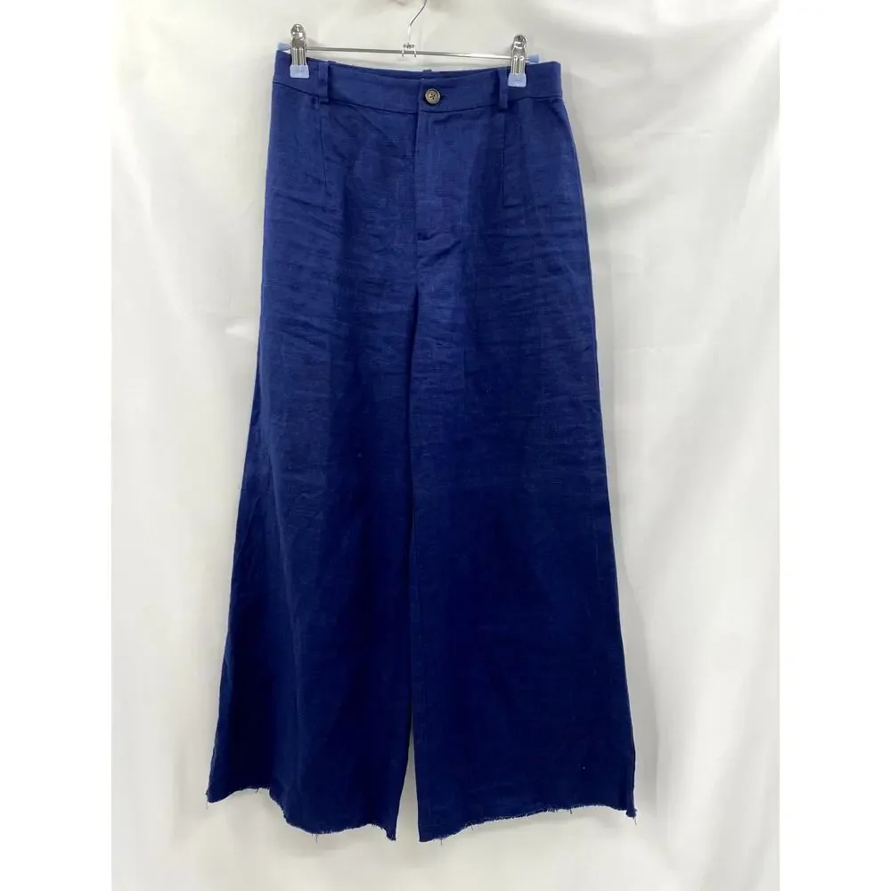 Reformation 0 blue linen wide leg raw hem pants